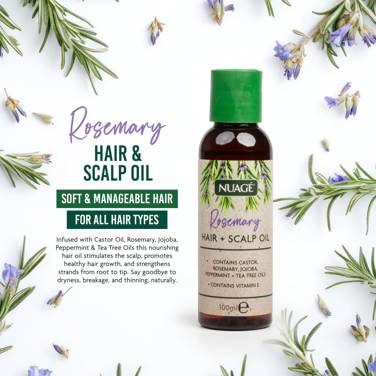 NUAGÉ Nuage Rosemary Hair and Scalp Oil with Vitamin E - Castor Oil, Rosemary, Jojoba, Peppermint & Tea Tree Oils | Helps Revive & Nourish Hair Folicles (100ml)