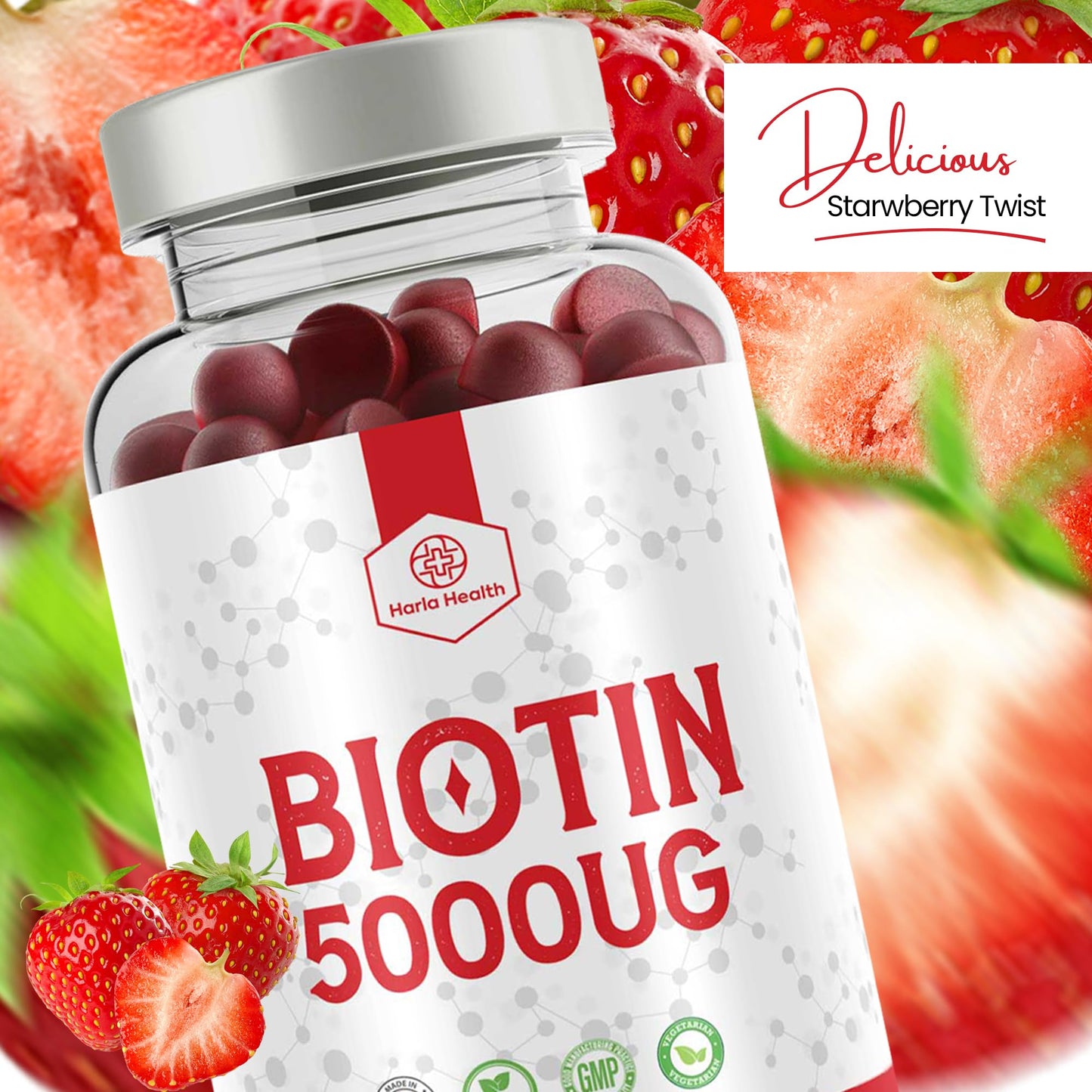 Biotin 5000ug - Hair, Skin & Nail Growth Support -150 Natural Strawberry Flavour Gummies - 5 Months Supply - Suitable for Vegetarians & Vegans - Harla Health - Made in The UK - GMP Codes of Practice