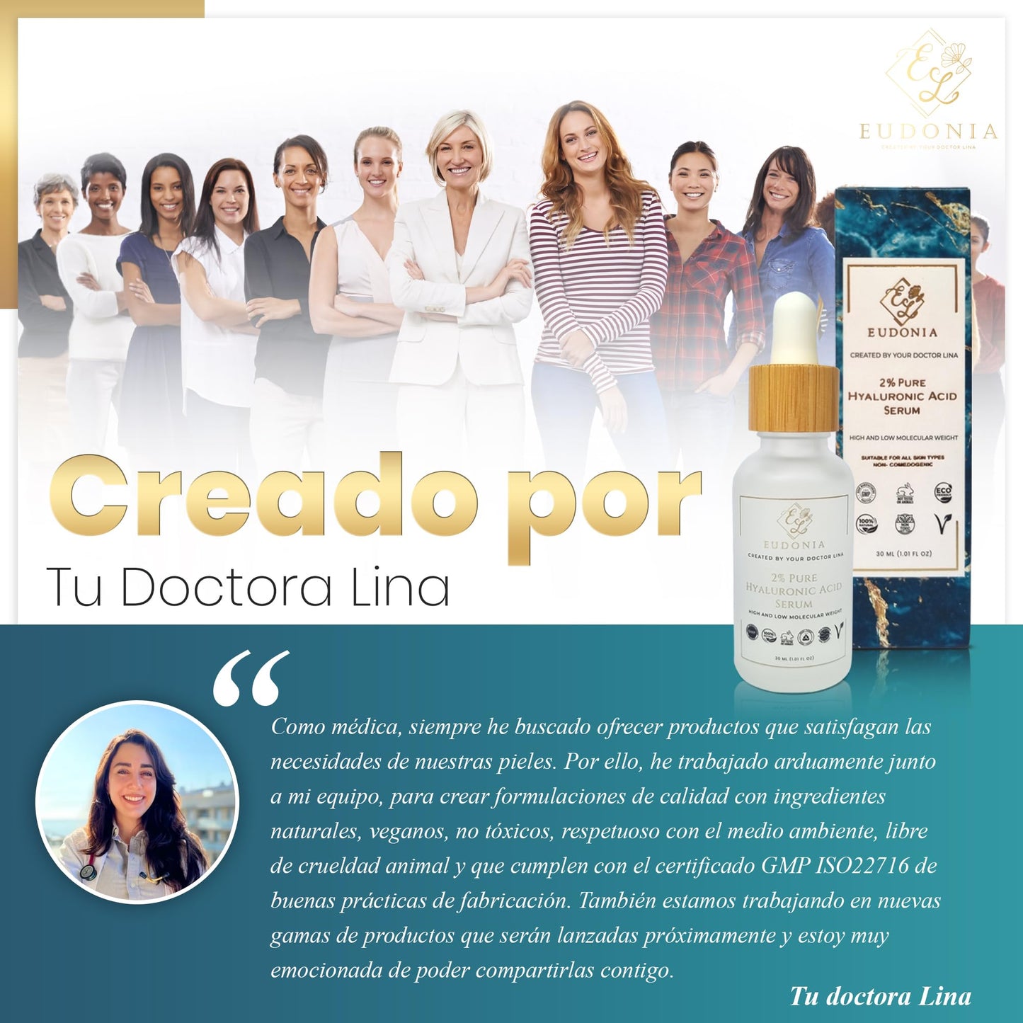 EL EUDONIA CREATED BY YOUR DOCTOR LINA EUDONIA 2% Pure Hyaluronic Acid Serum – High and Low Molecular Weight, Protects and Penetrates Deep into the Skin – Hydrates and Softens, Promotes Elasticity – Ecological, Paraben and Sulfate Free, 30