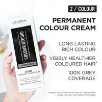 Clairol Colour Studio Permanent Colour Cream | Hair Dye | Long-lasting Rich Tones | 100% Grey Coverage | Dermatologically Tested Vegan Formula | Hair Colouring Kit | Midnight Black 2/0 | 50ML