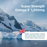 Healthspan Super Strength Omega 3 1,200mg (60 Capsules) | Brain, Heart & Eye Health | 240mg DHA & 360mg EPA per Capsule| Highly Purified to Remove Toxins | Sustainably Sourced Fish Oil