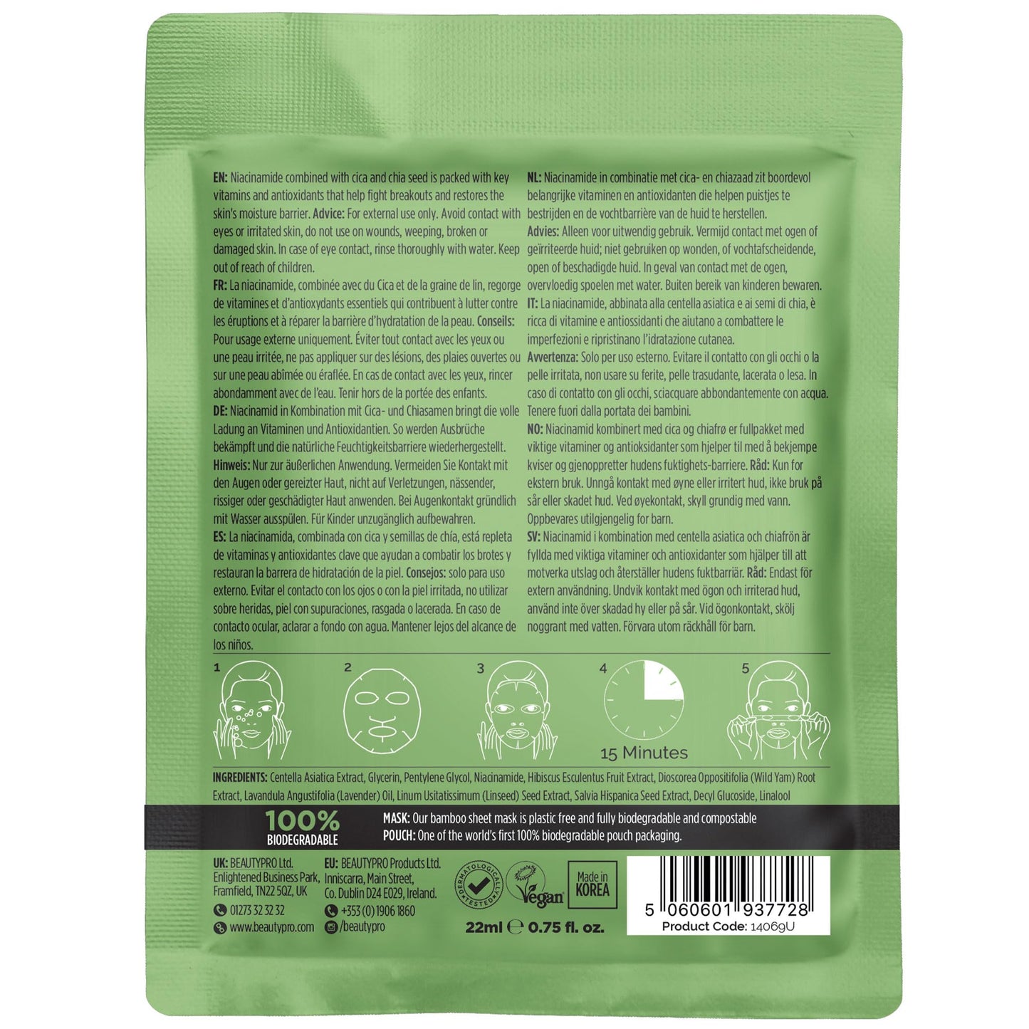 BEAUTYPRO CICA+NIACINAMIDE Blemish Control Face Sheet Mask | 100% Biodegradable | Plant Based Formula | rebalance | hydrate | Minimise Breakouts | Anti-Ageing