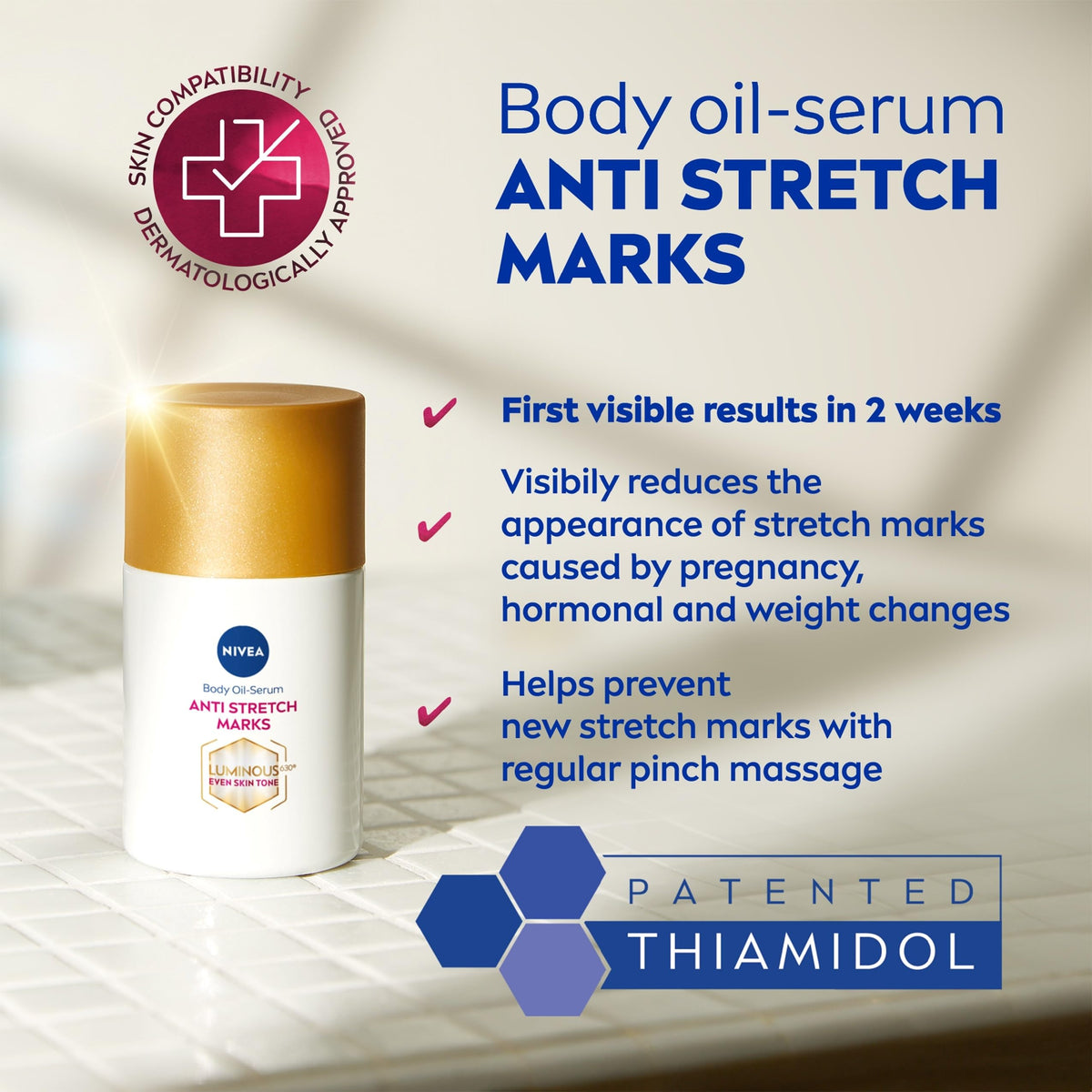 NIVEA Luminous 630 Body Oil Serum Anti Stretch Marks (100ml), Skincare Serum with Luminous 630 Visibly Reduces Stretch Marks in 2 weeks, Starts Working From Day 1, with Thiamidol