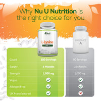 L-Lysine 1000mg High Strength - 180 Vegan Tablets - 6 Month Supply - Essential Amino Acid - Made in The UK - Nu U Nutrition