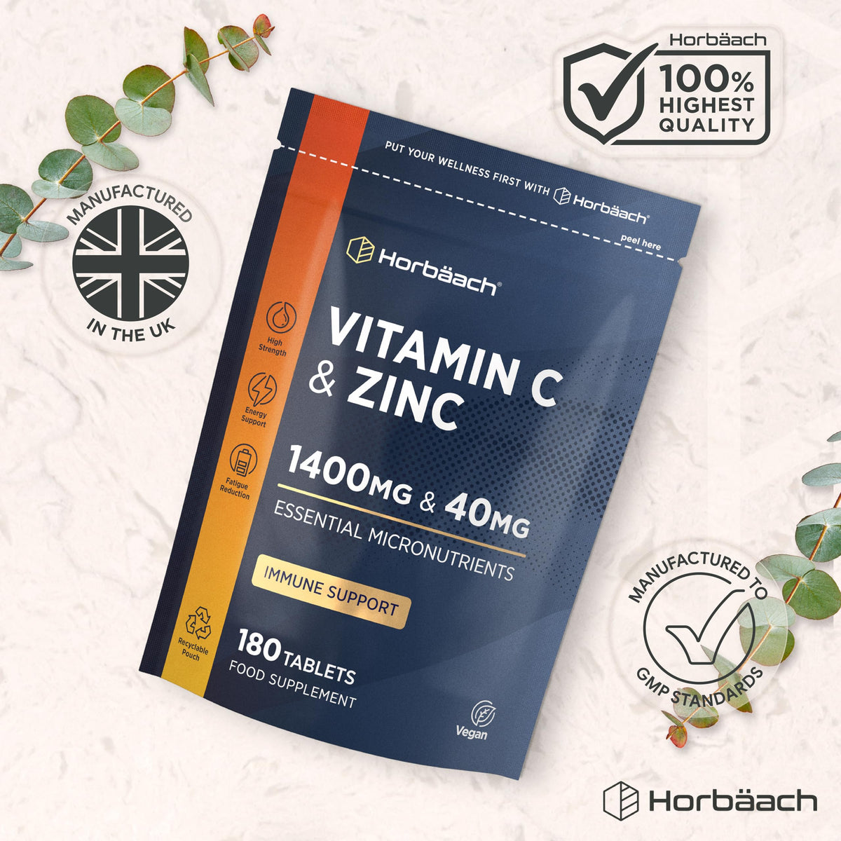 Horbäach Vitamin C 1400mg and Zinc 40mg Tablets | 180 Count | High Strength Complex with Vitamin C as Ascorbic Acid | Immune Support | Suitable for Vegans | by Horbaach
