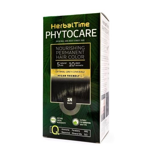 Herbal Time Phytocare Permanent Hair Dye Color Black 1N | Professional Natural Hair Dye Kit | Nourish and Protect Your Hair | Ammonia, PPD and SLS Free | 124.5 ml