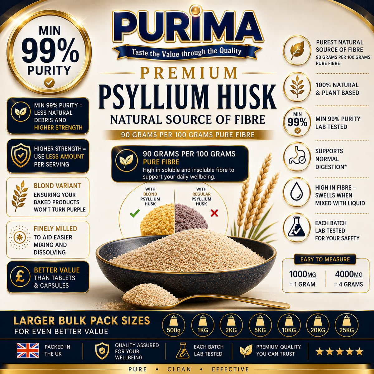 PURIMA Psyllium Husk 500g – 99% Purity Blond Whole Husks Flakes Bulk Soluble Natural Fibre for Baking Drinks Food Humans Eat Gut Laxatives Constipation Relief Digestive Aid Ispaghula Isabgol