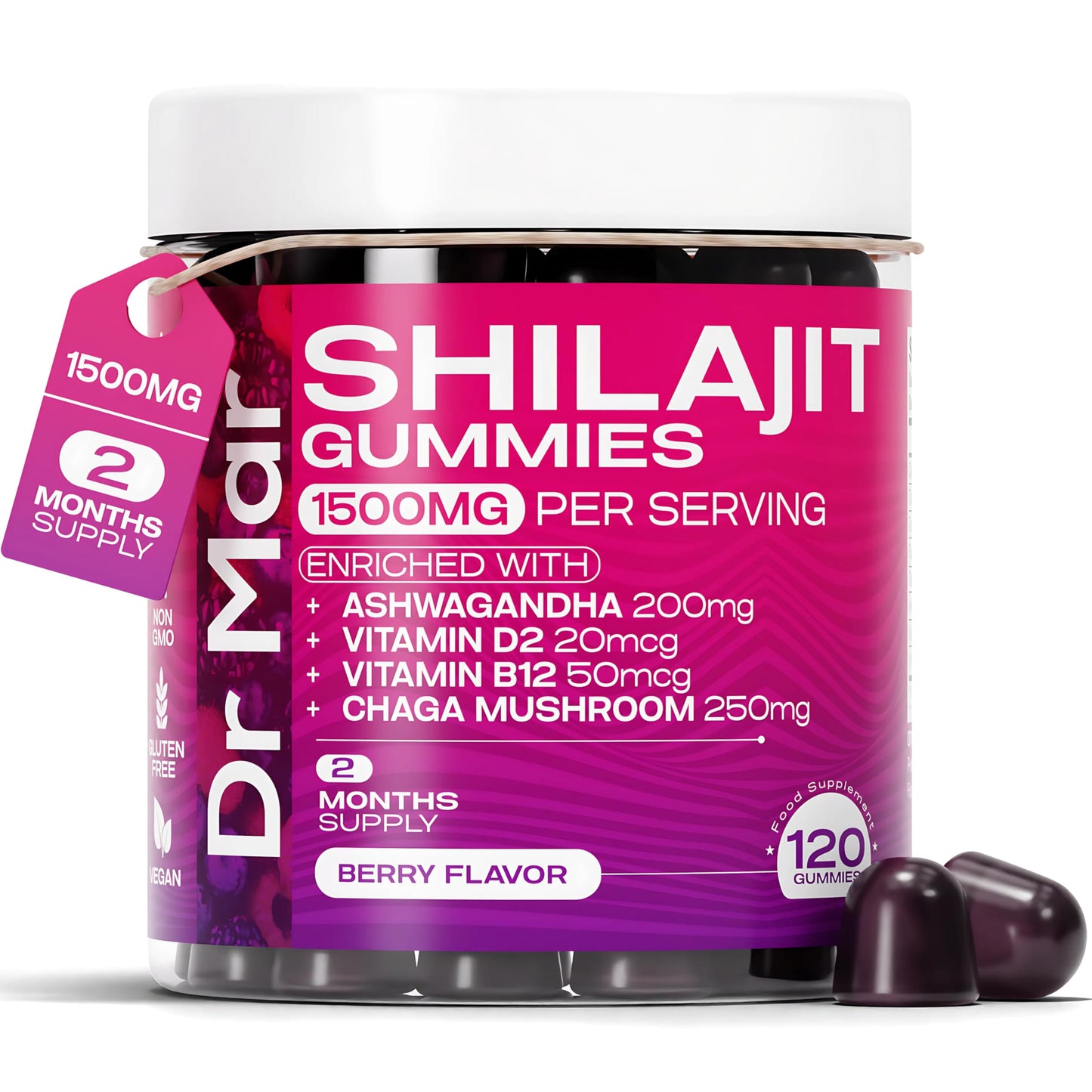 Dr Mar Premium Shilajit Gummies MAX 1500mg - 120 Gummies - 200mg Ashwagandha + 250mg Chaga Mushroom + 20mcg D2 + 50mcg B12 (2 Months Supply)