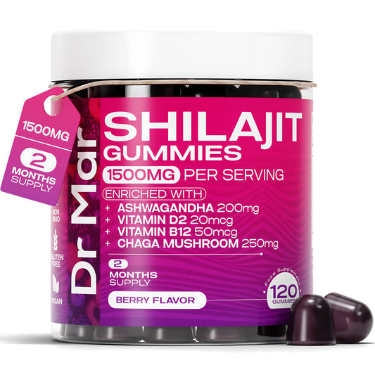 Dr Mar Premium Shilajit Gummies MAX 1500mg - 120 Gummies - 200mg Ashwagandha + 250mg Chaga Mushroom + 20mcg D2 + 50mcg B12 (2 Months Supply)