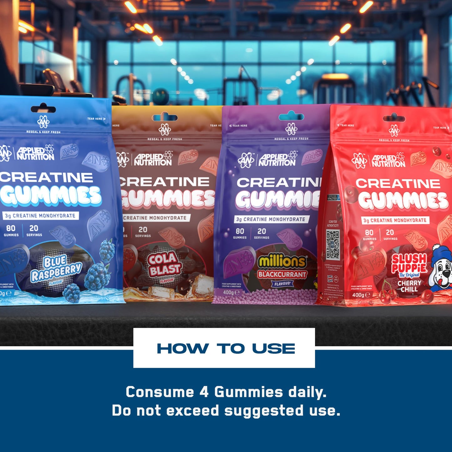 Applied Nutrition Creatine Gummies - 3000mg Creatine Monohydrate per Serving - 80 Chewable Vegan Gummies for Strength, Power & Recovery (20 Servings)