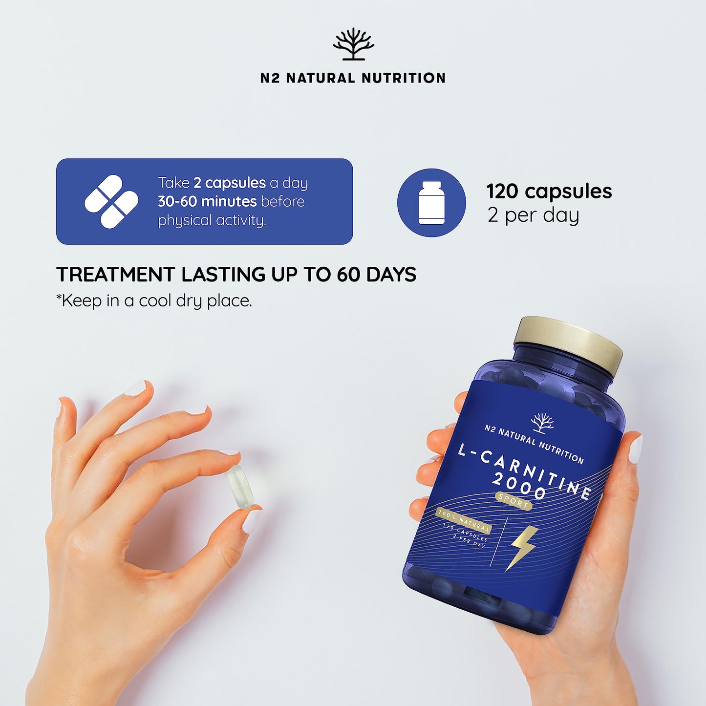 Natural L CARNITINE 2000 mg Tablets. 120 Capsules 2 Months. High Concentration Energy Pills. Improves Sports Performance, Muscle Recovery. CE Manufactured. N2 Natural Nutrition
