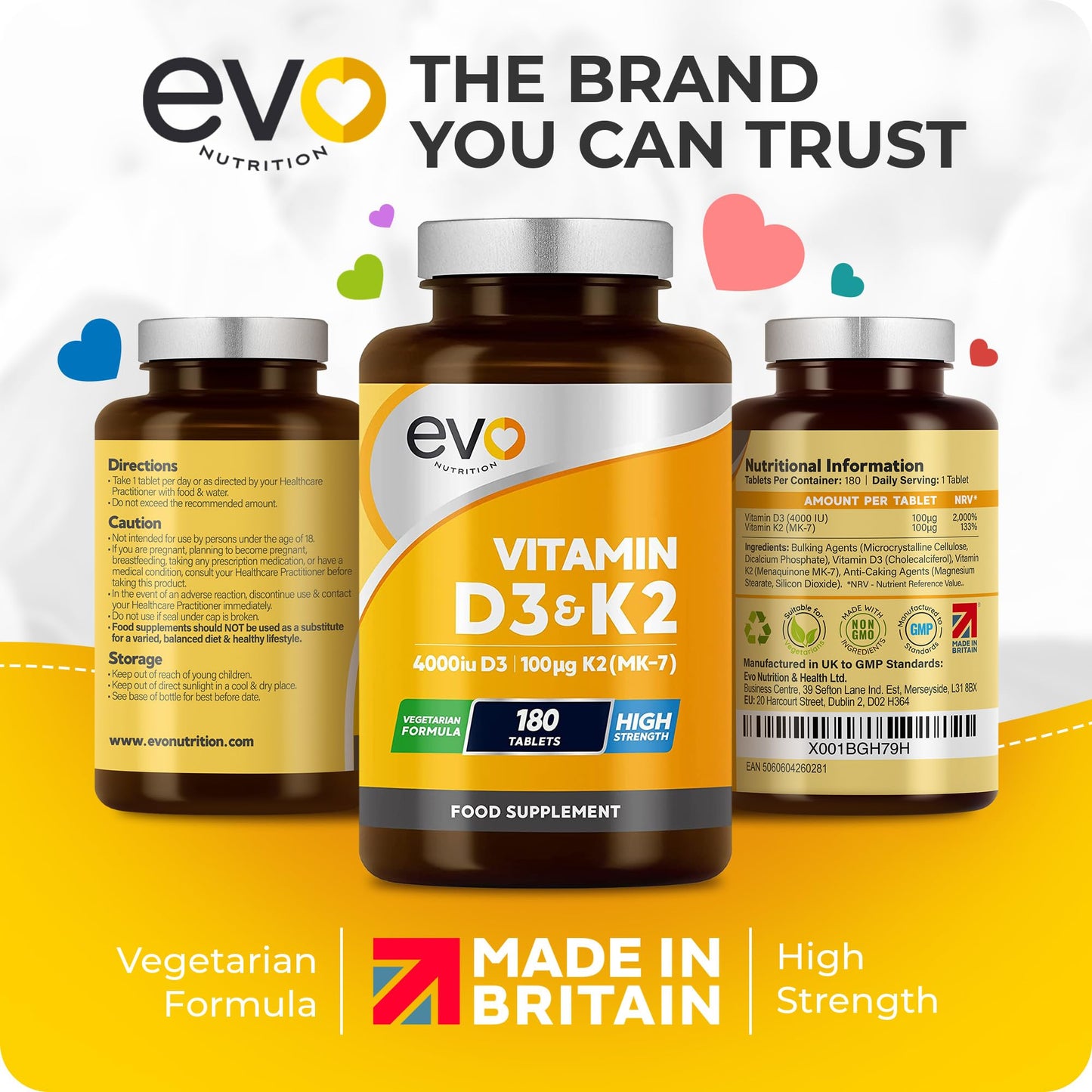 EVO NUTRITION Vitamin D3 4000iu & Vitamin K2 100ug (MK7) |180 D K Vegetarian Tablets | 1-A-Day | 6 Month Supply | High Strength | Vitamin D K2 Supplement | Made in the UK | Cholecalciferol & Menaquinone