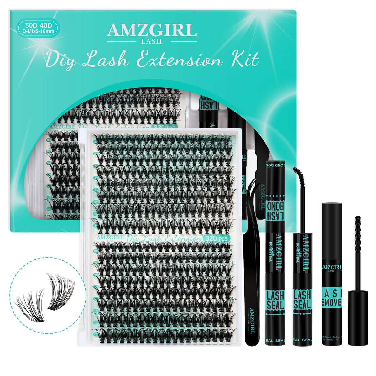 AMZGIRL LASH Lash Extension Kit 320Pcs,DIY Individual Lashes Clusters Kit,Lash Bond And Seal,Lash Remover For Eyelashes Extensions,Lash Applicator Tool For False Eyelash Cluster Kit At Home(3040D,D-Mix9-16mm Kit)