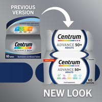 Centrum Advance 50+ Multivitamin Tablets for Men and Women, Vitamins with 24 Essential Nutrients including Vitamin C, D and Zinc, 60 ct (Packaging and Tablet colour may vary slightly)