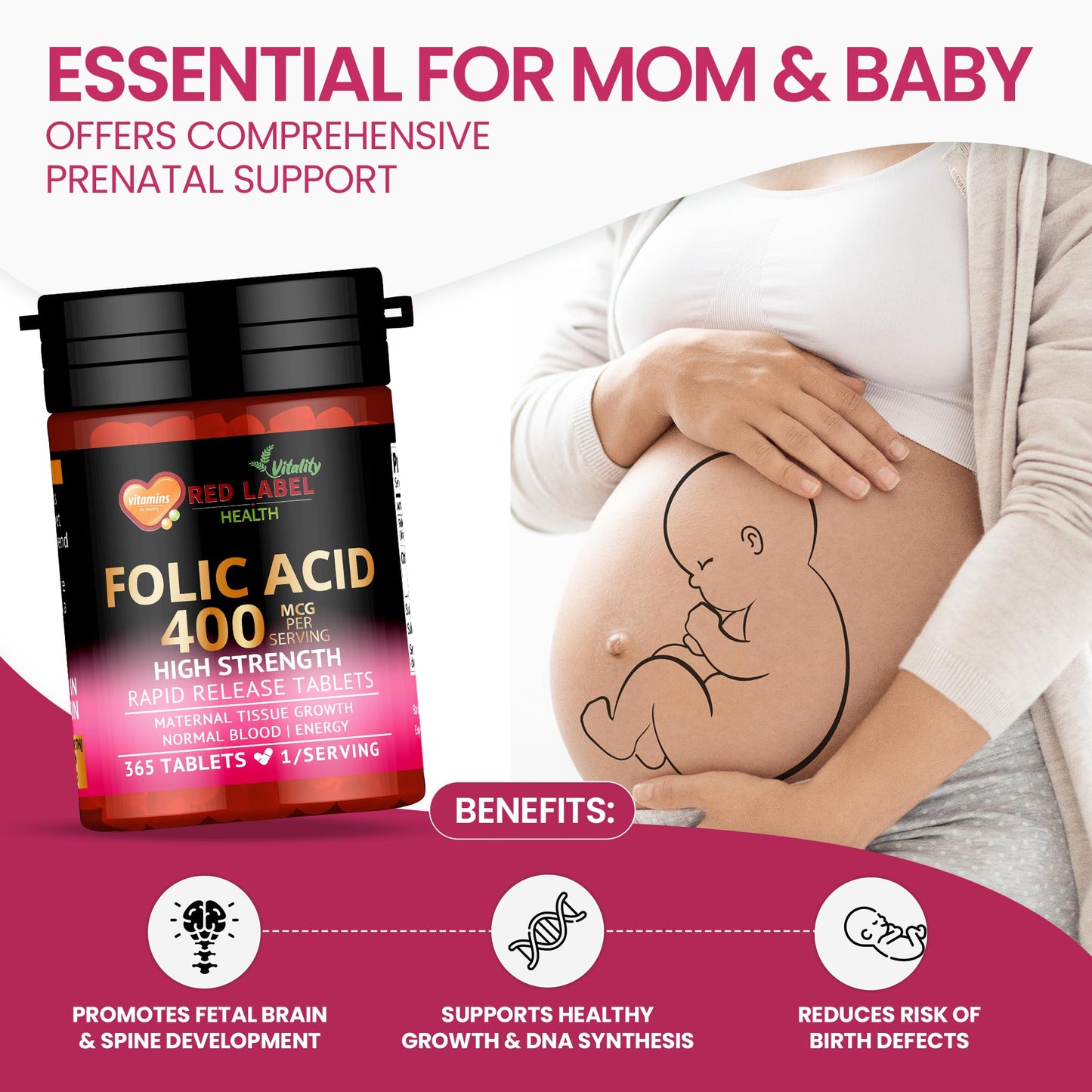 Red Label Health Folic Acid Tablets 400 mcg - 365 Vegan Vitamin B9 Tablets - 1 Year Supply - Pregnancy Care - Normal Function of Immune System & Maternal Tissue Growth During Pregnancy