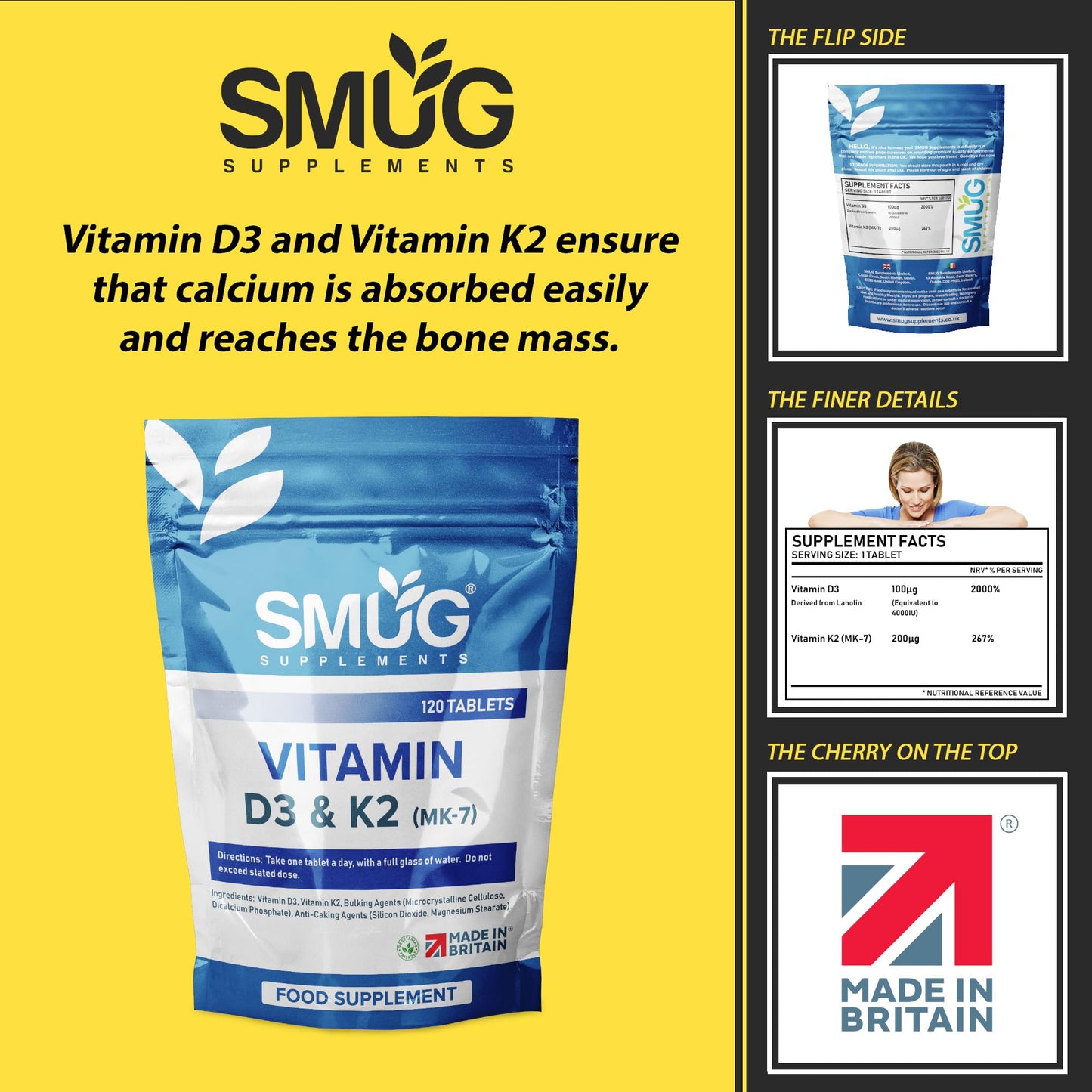 SMUG Supplements Vitamin D3 4000iu & Vitamin K2 200ug (MK-7) - 120 Vegetarian Tablets - Supports Immune System - Promotes Healthy Bones - for Men and Women - Made in Britain