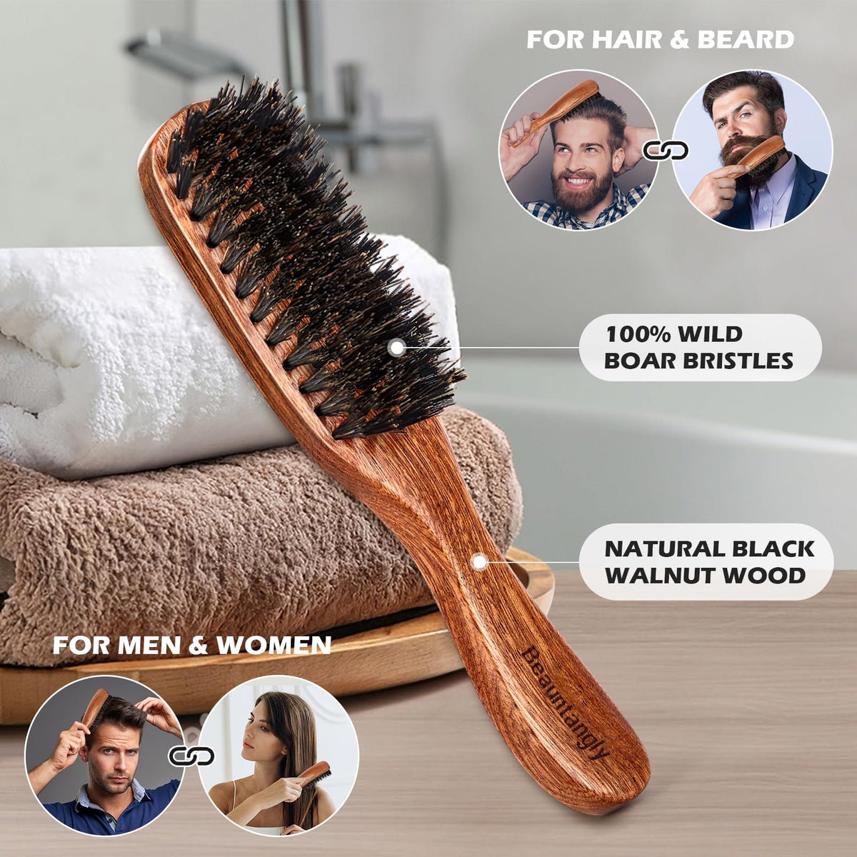 BEAUNTANGLY Hair Brush for Men, 100% Boar Bristle Hair Brush for Men Women’s Hair Smoothing, Styling, Detangling, Moisturizing, Adding Shine, Improving Blood Circulation, Promoting Hair Growth