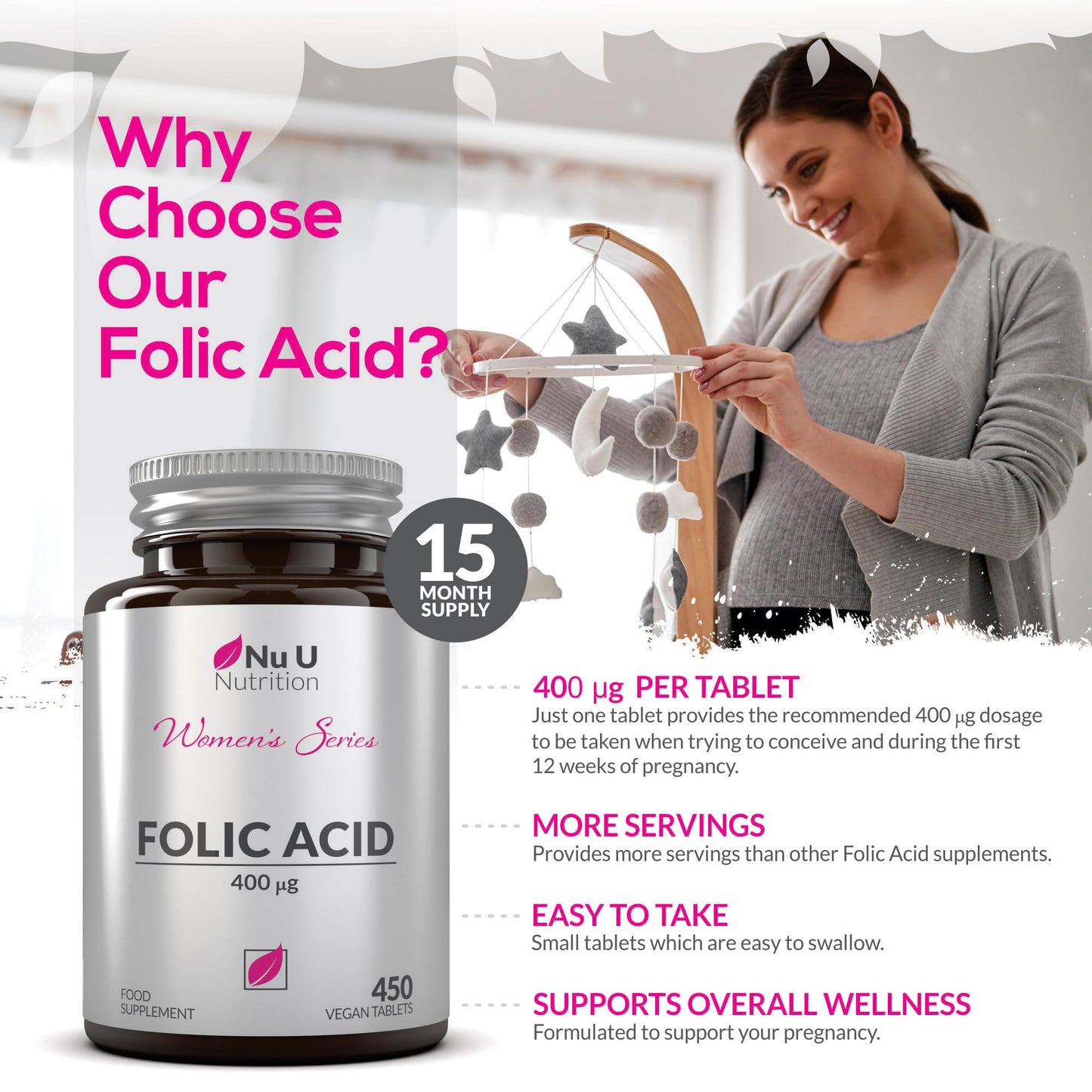 Folic Acid 400 mcg - 450 Vegan Tablets - 15 Month Supply - High Strength Pregnancy Vitamins for Women - Vitamin B9 Supports Maternal Tissue Growth During Pregnancy - Prenatal Vitamins