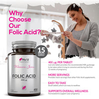 Folic Acid 400 mcg - 450 Vegan Tablets - 15 Month Supply - High Strength Pregnancy Vitamins for Women - Vitamin B9 Supports Maternal Tissue Growth During Pregnancy - Prenatal Vitamins