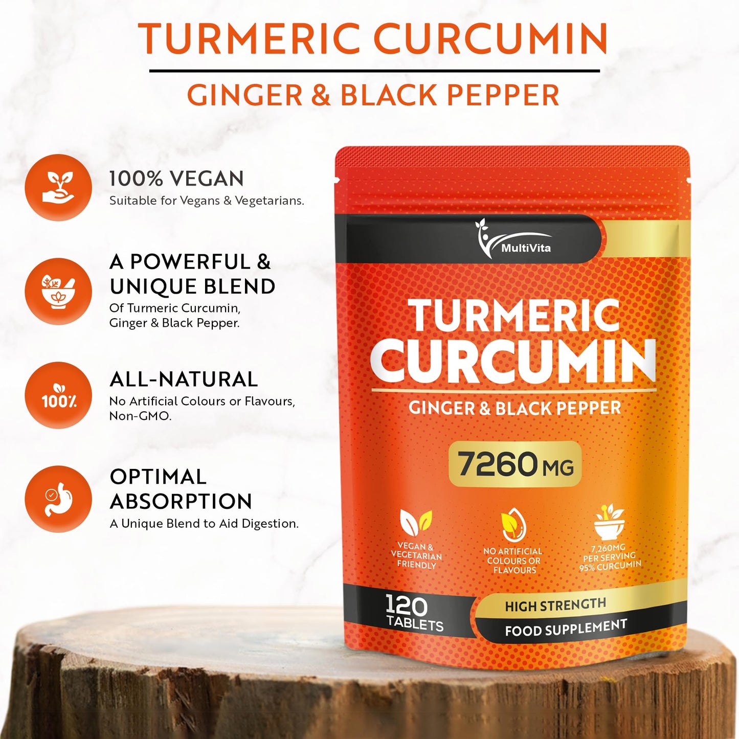 Multivita Turmeric Curcumin Tablets 7,260mg Per Serving - 95% Curcuminoids 2 Months Supply - with Ginger & Active Curcumin including Black Pepper to Aid Absorption - High Strength Tumeric Supplement - Vegan UK