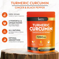 Multivita Turmeric Curcumin Tablets 7,260mg Per Serving - 95% Curcuminoids 2 Months Supply - with Ginger & Active Curcumin including Black Pepper to Aid Absorption - High Strength Tumeric Supplement - Vegan UK