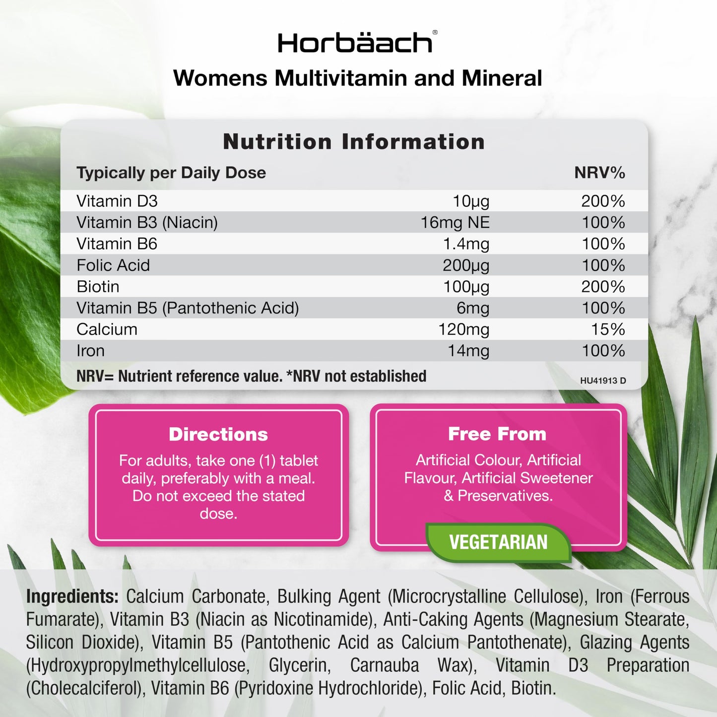 Womens Multivitamins and Minerals | with Iron, Calcium, Biotin, Folic Acid, Vitamins D3, B3, B6 & B5 | 180 Vegetarian Tablets | by Horbaach