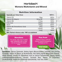 Womens Multivitamins and Minerals | with Iron, Calcium, Biotin, Folic Acid, Vitamins D3, B3, B6 & B5 | 180 Vegetarian Tablets | by Horbaach