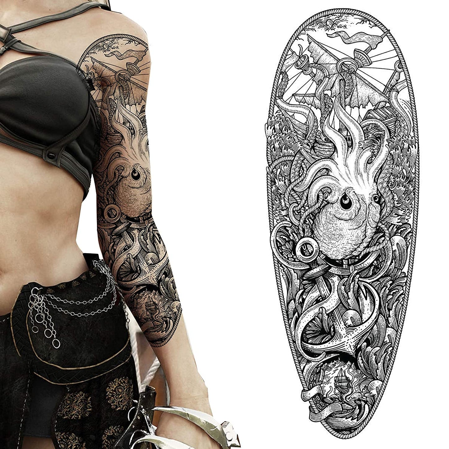 Tatodays temporary tattoo full arm caribbean pirate kraken sailor stick on body art transfer for women and men cosplay halloween adult temp tattoo for arms fancy dress