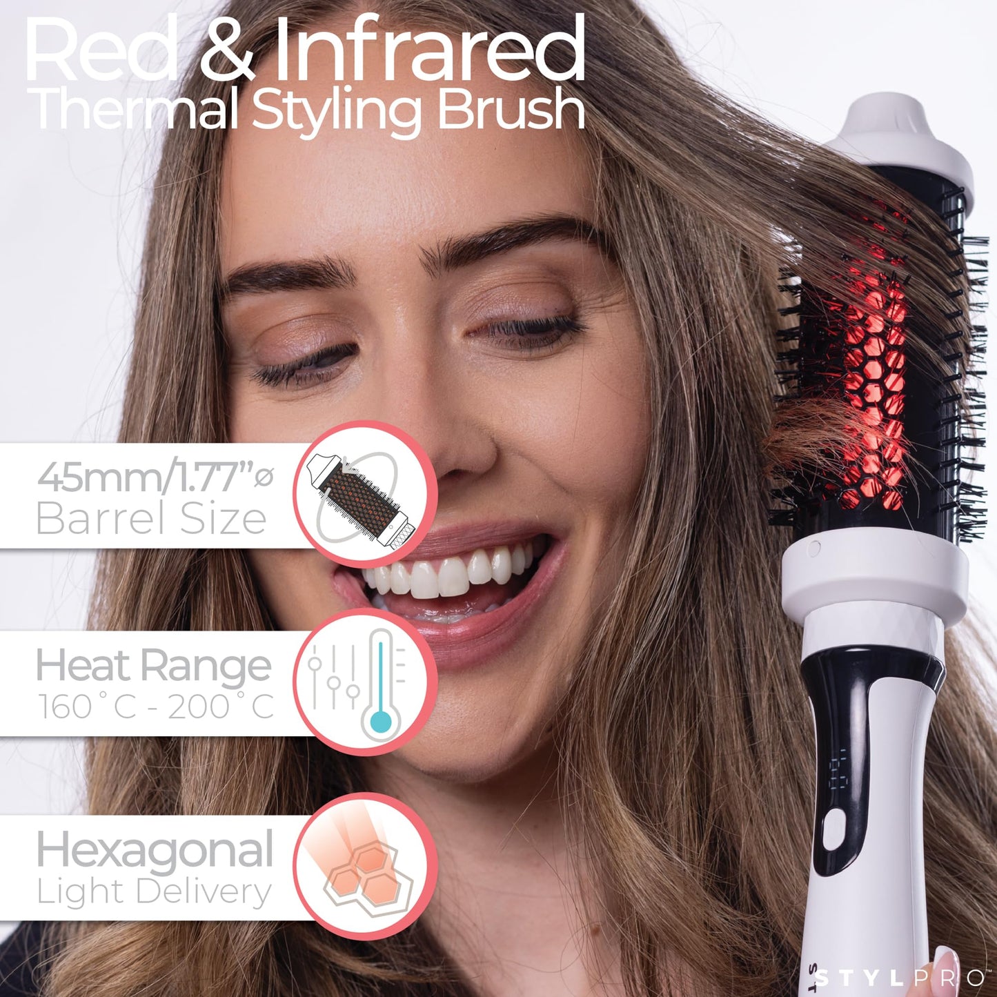 StylPro STYLPRO Thermal Brush with Red & Near Infrared LEDs – 58 NIR + 84 Red LEDs, Ceramic Barrel, Adjustable Heat, Lightweight Blowout & Curling Brush for All Hair Types