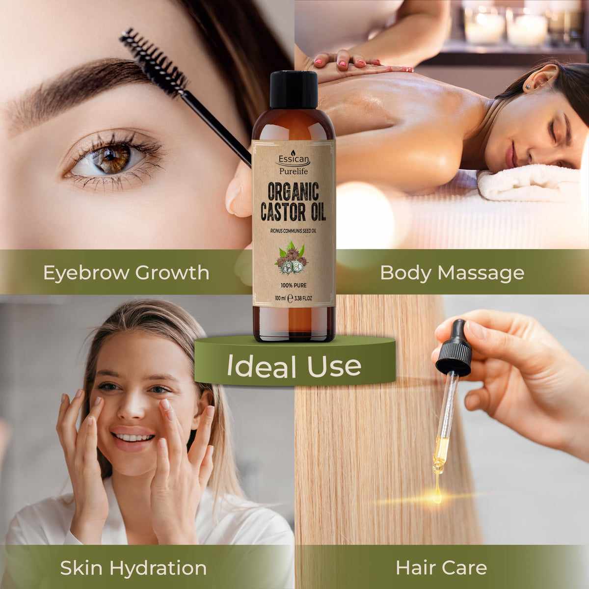 Essican Purelife Organic Cold Pressed Castor Oil for Hair Growth 100ml, Pure Organic Castor Oil for Eyelashes, Skin Moisturiser, Eyebrow Oils Enhancement - Ideal for Body, Nails & Beard Cruelty-Free