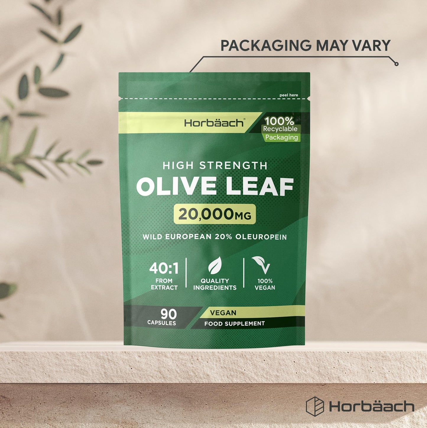 Horbäach Olive Leaf Extract Capsules 20,000mg | Wild European 20% Oleuropein | High Strength Supplement | 90 Vegan Capsules | Horbaach