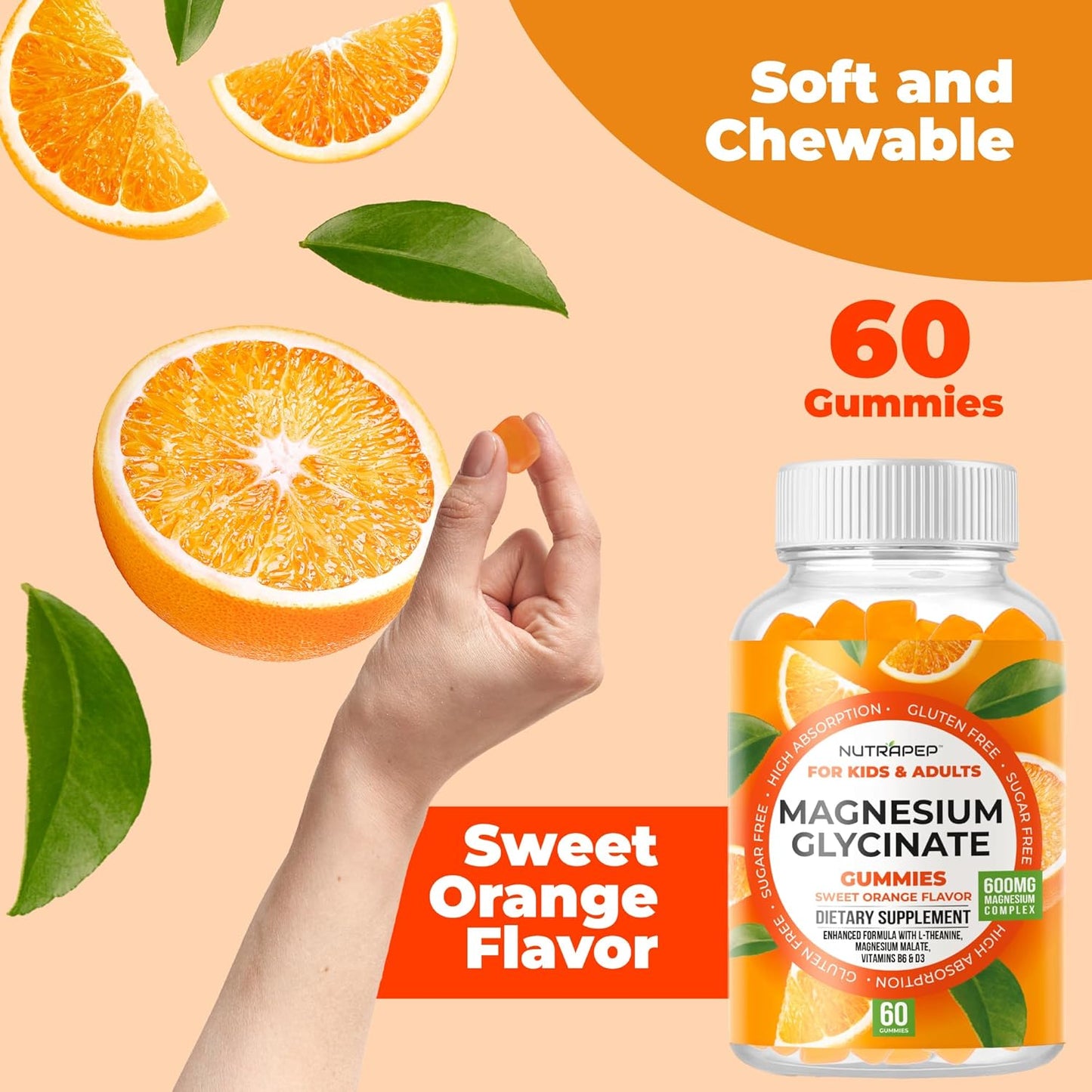 Magnesium Glycinate Gummies for Kids & Adults Women & Men - Sugar Free Gluten Free Non-GMO Vegan Chewable, 60 Count