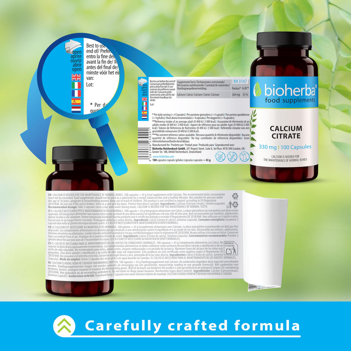 Calcium Citrate 330 mg – 100 Capsules | High-Absorption Supplement for Bones, Teeth, and Muscle Function by BIOHERBA
