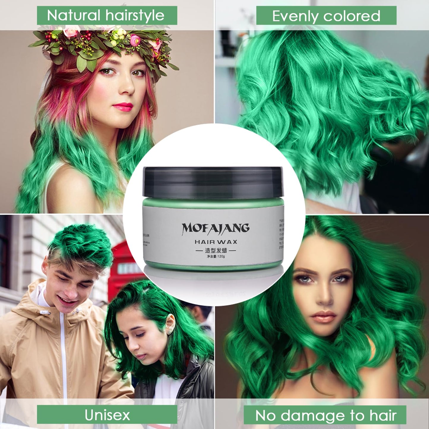 MOFAJANG Hair Colour Wax, 120g Temporary Coloured Hair Paint Wax, Easy Washable Colour Change Hair Dye for Kids,Women,Men(Green)