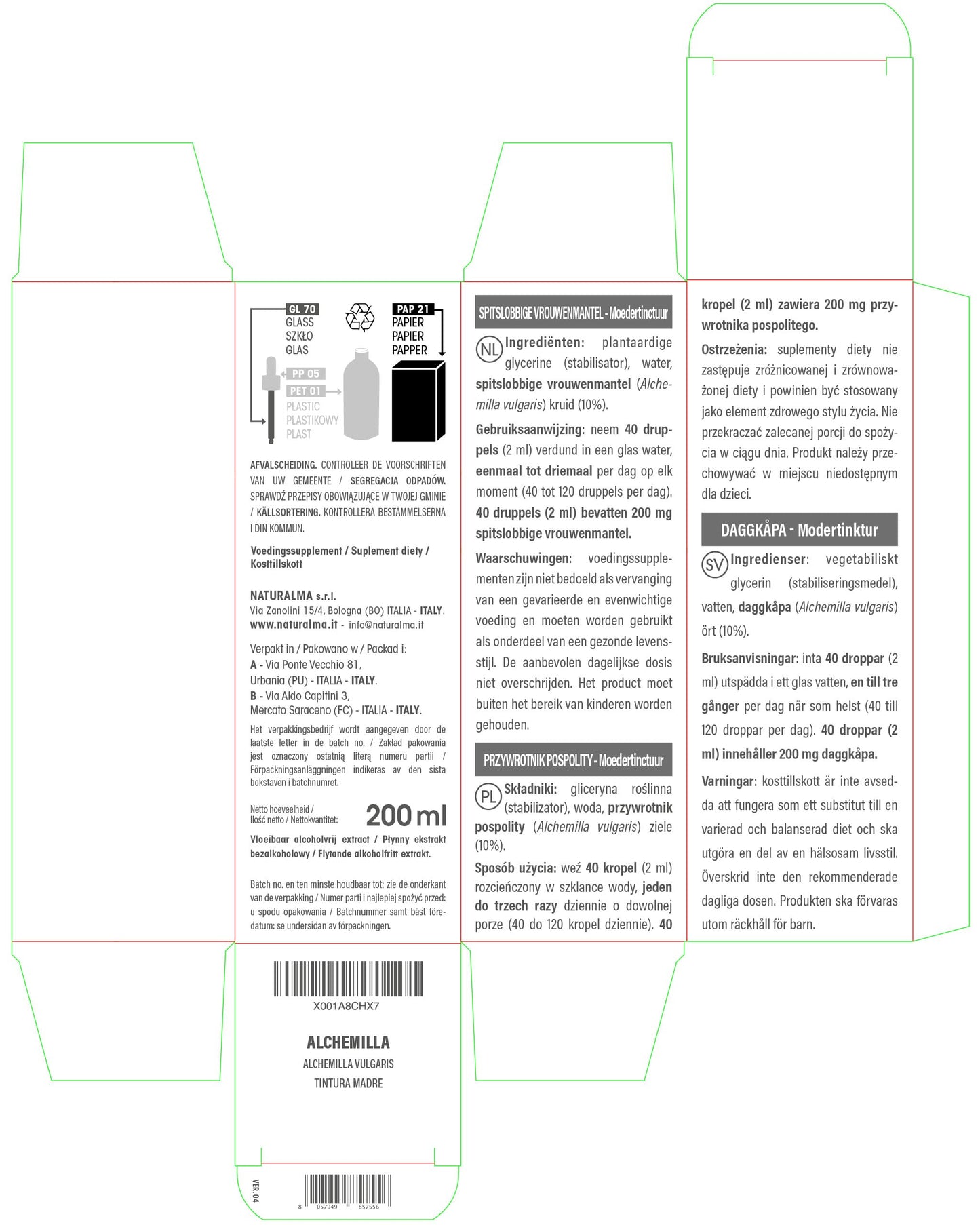 Lady's Mantle (Alchemilla vulgaris) herb Alcohol-Free Mother Tincture Naturalma - Liquid Extract Drops 200 ml - Food Supplement - Vegan