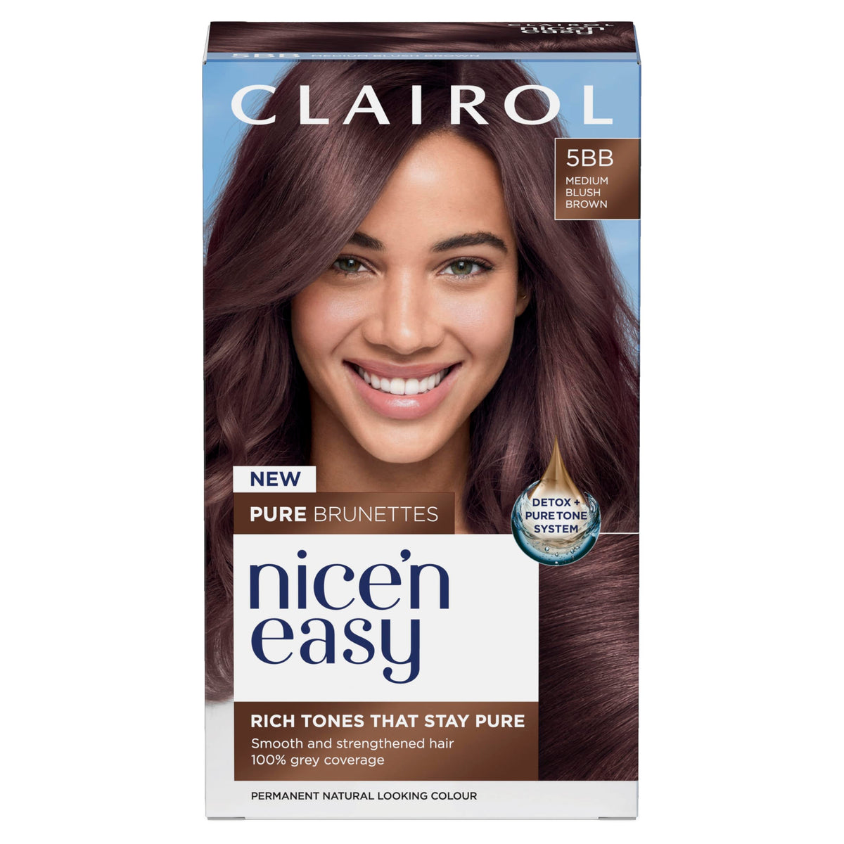 Clairol Nice n’ Easy Pure Brunettes Hair Colour | Pure and Rich Brown Tones | Smooth, Natural Hair Colour | With Pre-Colour Serum | 100% Grey Coverage | 5BB Medium Blush Brown| Permanent Hair Dye