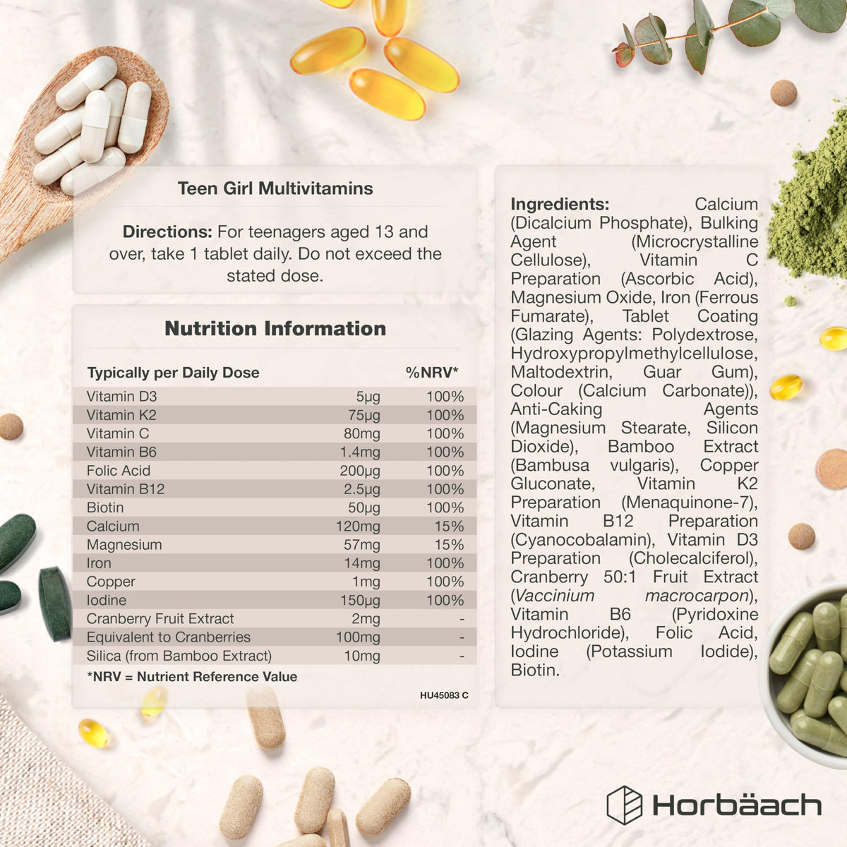 Horbäach Multivitamin Tablets for Teen Girls | 120 Count | 14 Essential A-Z Vitamins and Nutrients | with Iron, Vitamin B12, Folic Acid and Magnesium | Vegetarian | By Horbaach