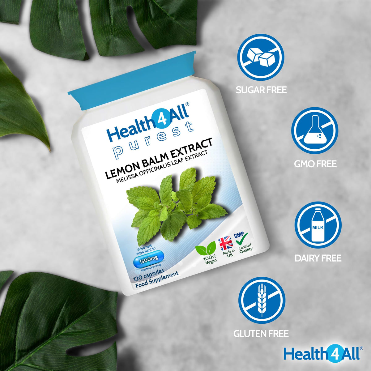 Health4All Lemon Balm Extract 1500mg per Capsule, 120 Capsules 4 Months Supply, High Strength Vegan Melissa for Anxiety, Sleep Support Supplement, Purest: no additives | Made in UK