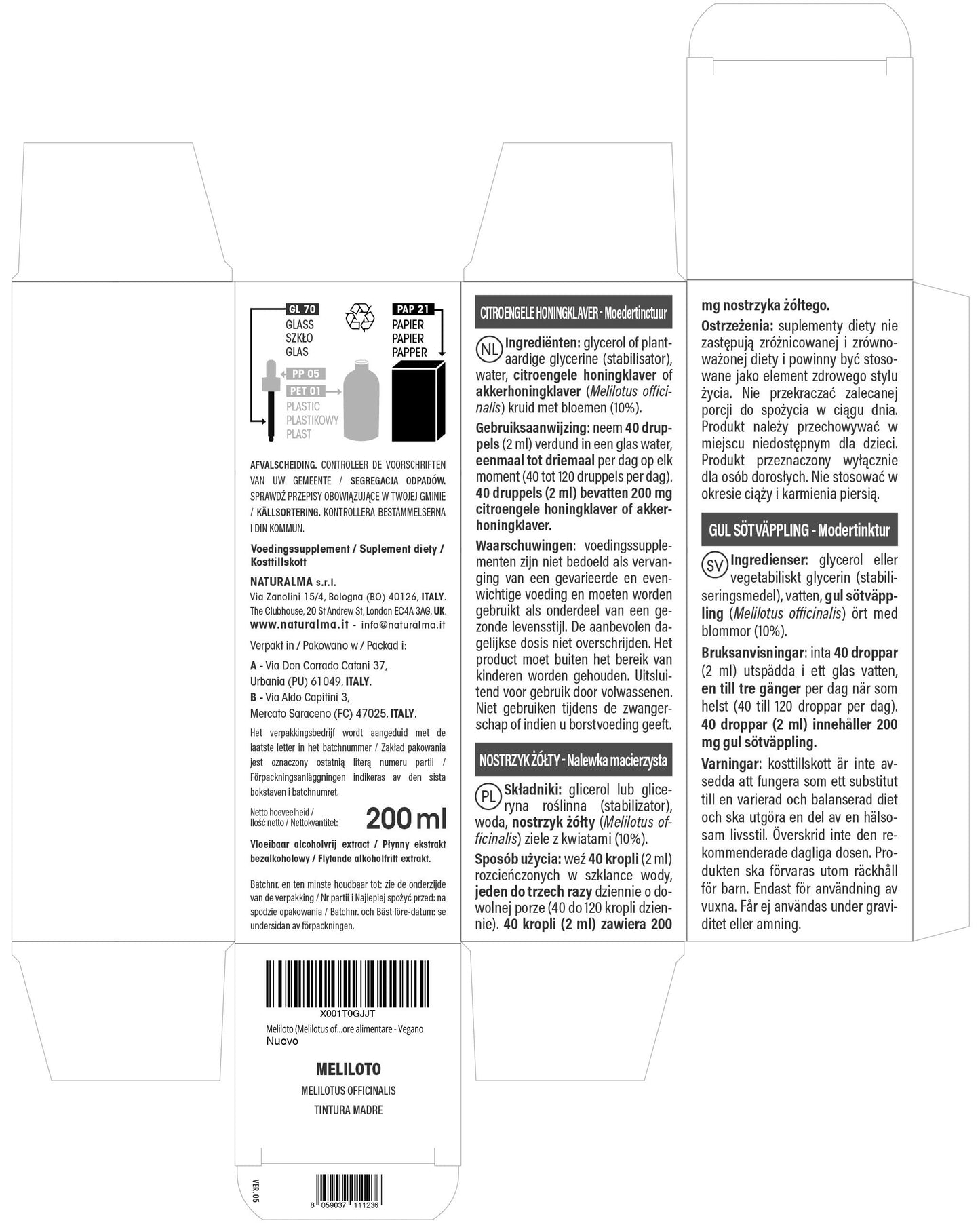 Yellow Melilot or Yellow Sweet Clover (Melilotus officinalis) herb with Flowers Alcohol-Free Mother Tincture Naturalma - Liquid Extract Drops 200 ml - Food Supplement - Vegan