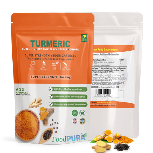 FoodPURA Turmeric Curcumin Capsules with Black Pepper & Ginger High Strength 3675mg HACCP Certified, Manufactured in The UK by FoodPURA (60)