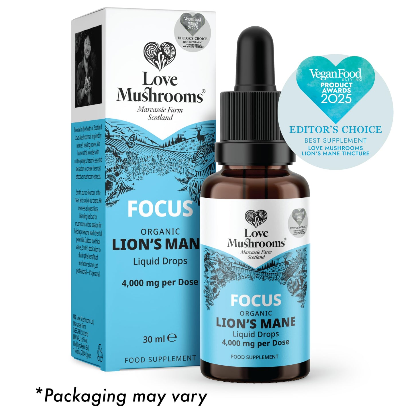 Love Mushrooms - Organic Lions Mane Supplement - 4000mg per 1 ml - Liquid Drops for Focus and Memory Support - Vegan and Made in The UK - Mushroom Drops with Sweet Taste - 30ml