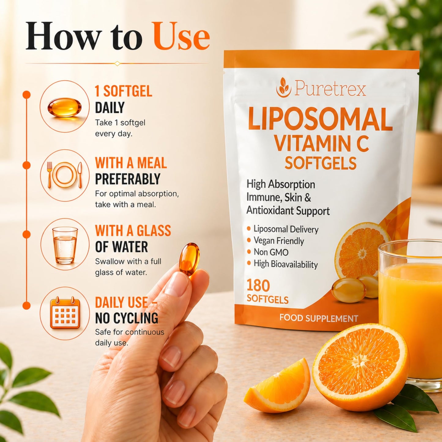 Puretrex PURETREX Liposomal Vitamin C 1000mg Softgels, Clean Non GMO, 180 Softgels