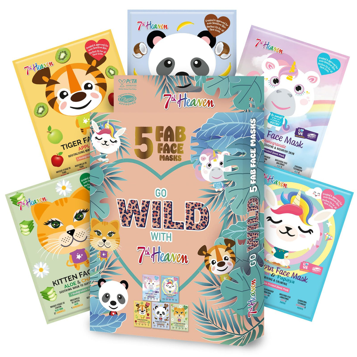 7th Heaven Go Wild Face Mask Gift Set - 5 Fun Animal Themed Skin Care Sheet Masks - Unicorn, Llamacorn, Panda, Tiger and Kitten