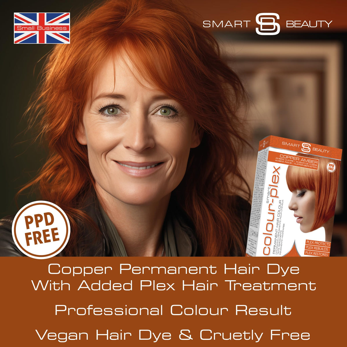 Copper Hair Dye Permanent with Plex Hair Care, PPD free hair dye 100% Grey Hair Coverage hair dye kit Ginger Permanent Hair Colour for women or men Cruelty-Free Vegan Hair Dye Smart Beauty (pack of 3)