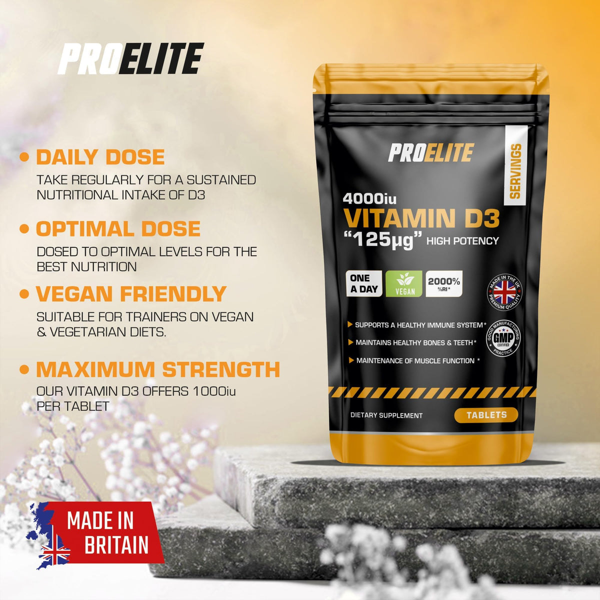 Vitamin D3 4000 iu 180 Vegan Tablets - 6 Months Supply | High Strength Vitamin D Supplement for Immune System, Bone & Muscle Support | Made in UK & Gluten Free by PROELITE