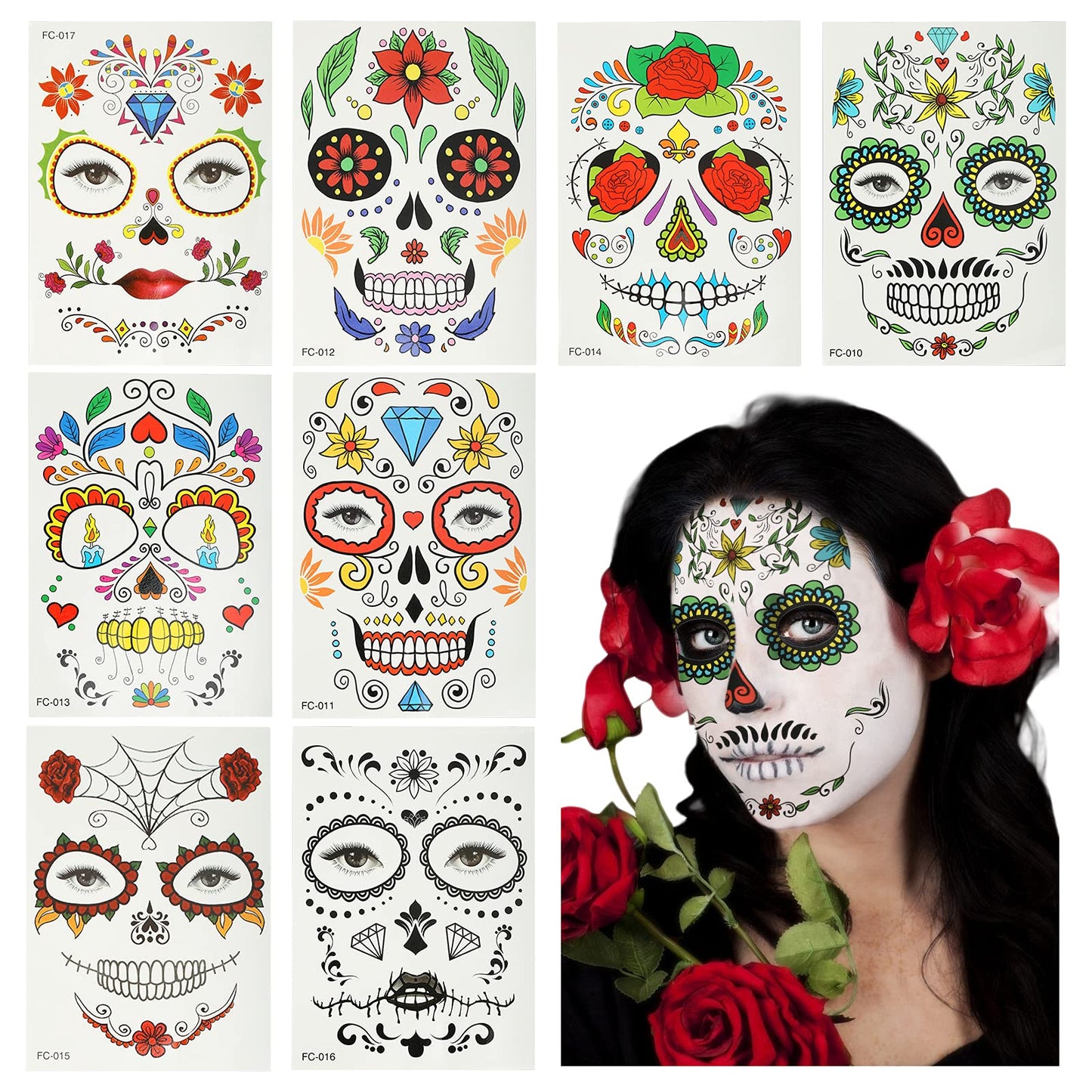 HAMOOM 8 Pack Halloween Face Temporary Tattoos Sugar Skull Floral Skeleton Web Red Roses Face Stickers Day of the Dead Make Up Stickers for Masquerade Carnival Cosplay Party
