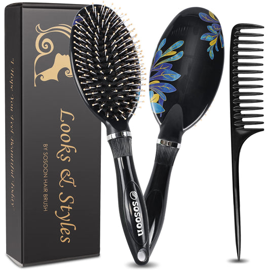 Hair Brush, Sosoon Boar Bristle Hair Brushes for Women Men Kids Thick Curly Dry Wet Hair, Smoothing Detangling Hairbrush Adds Shine and Improves Hair Texture with Hair Comb (Black)