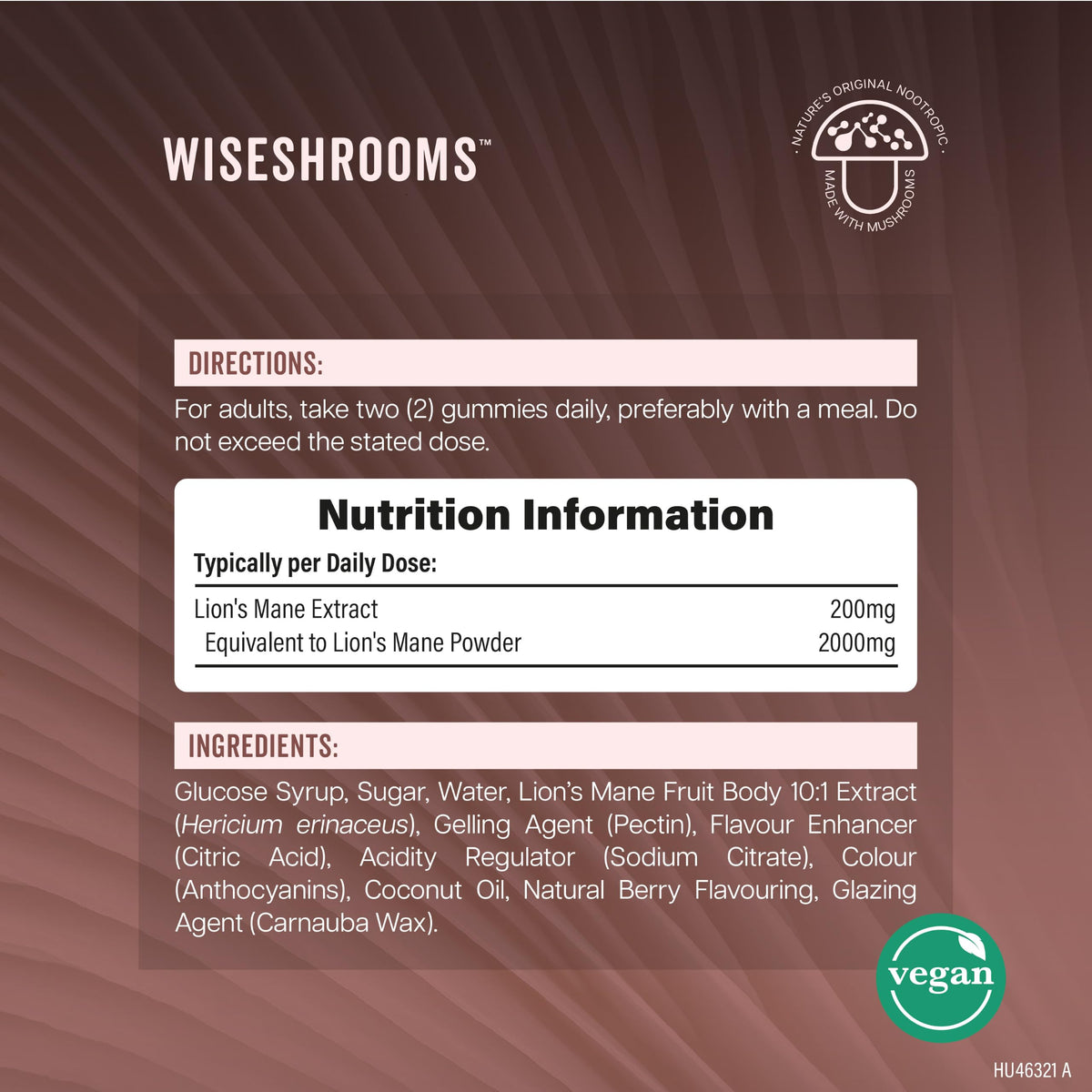 Lions Mane Gummies 60,000mg Per Bottle | High Strength Supplement from Fruit Body | Vegan Mushroom Extract | 1000mg x 60 Natural Berry Flavour Gummies | by Wiseshrooms