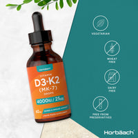 Vitamin D3 K2 Drops | 60mL | High Strength Vitamin D3 4000iu and K2 25ug | No Artificial Preservatives | Suitable for Vegetarians | by Horbaach