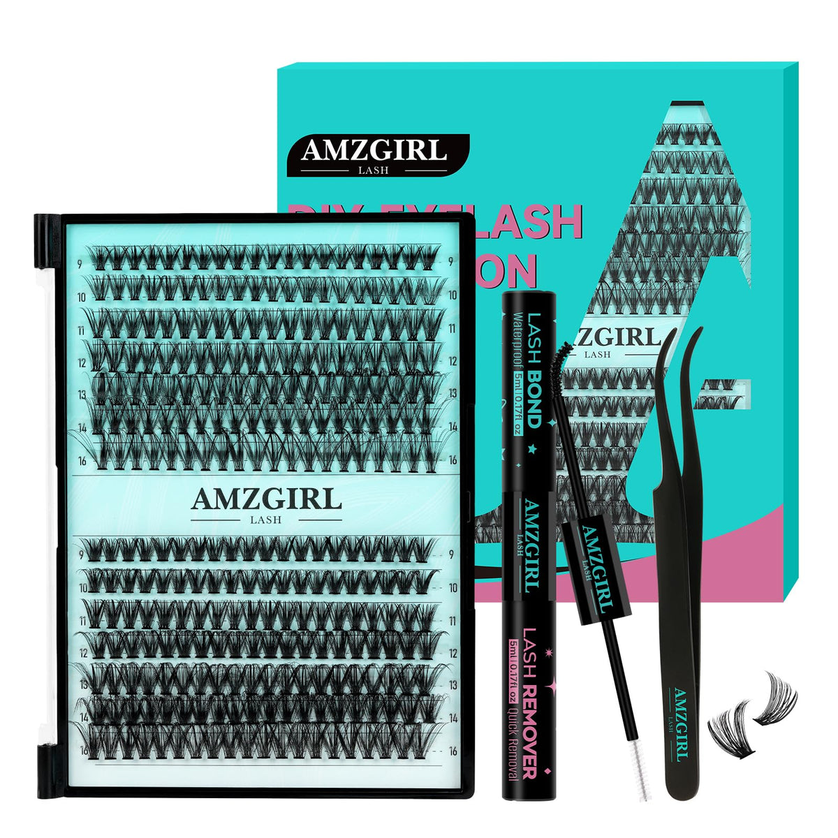 AMZGIRL LASH Lash Extension Kit 280PCS Eyelash Clusters 30D 40D DIY Eyelash Extension Kit Individual Lashes Natural Lash Clusters Kit with Lash Bond and Remover Waterproof, Lash Tweezers(D-Mix9-16mm Kit)